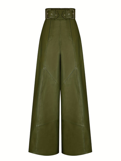 Pantalon Femme Taille Haute Cuir Jambes Larges & Ceinture