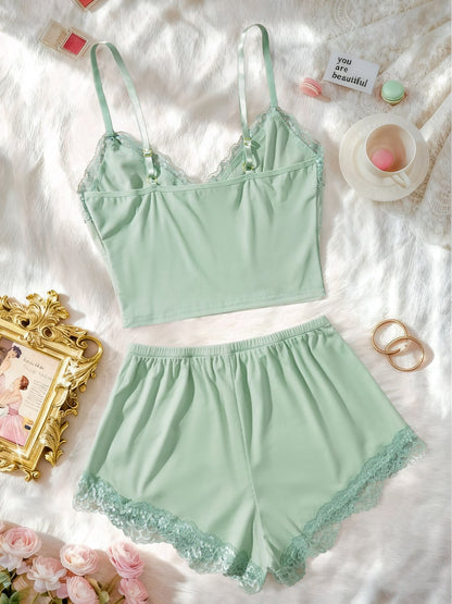 Koriora | Ensemble Pyjama Côtelé Femme — Débardeur Col V & Short Dentelle Confort