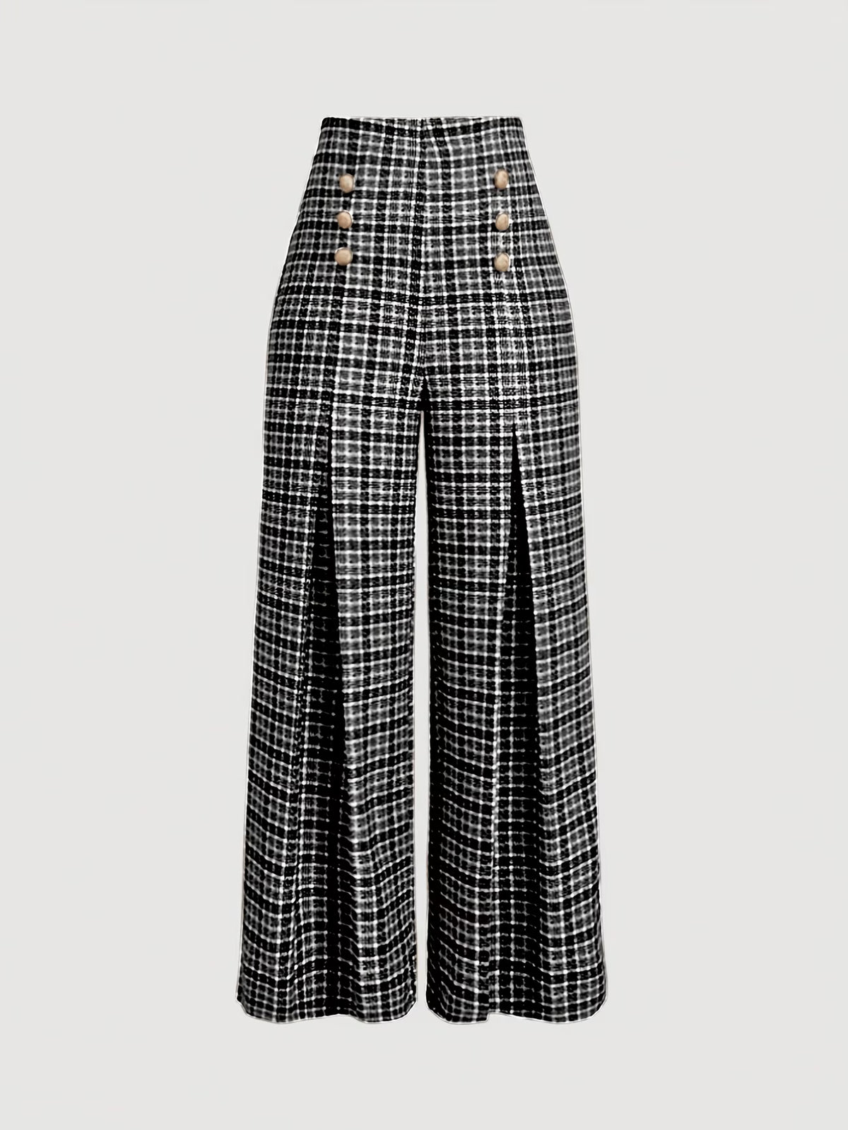 Pantalon Femme Large à Carreaux Marron  Taille Haute & Boutons Dorés