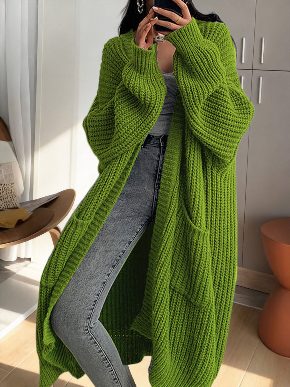 Gilet Femme Long en Maille Douce à Manches Longues