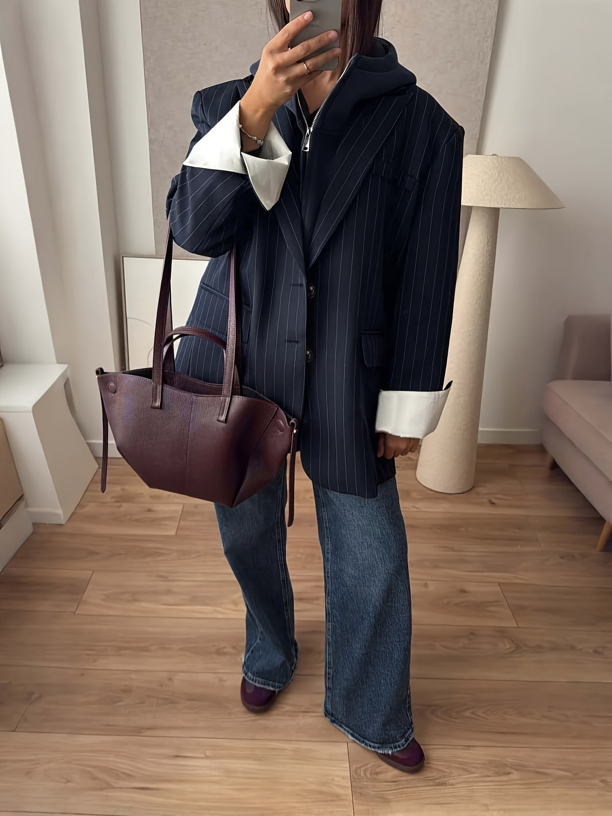 Women's Relaxed Pinstripe Blazer with Contrasting White Cuffs