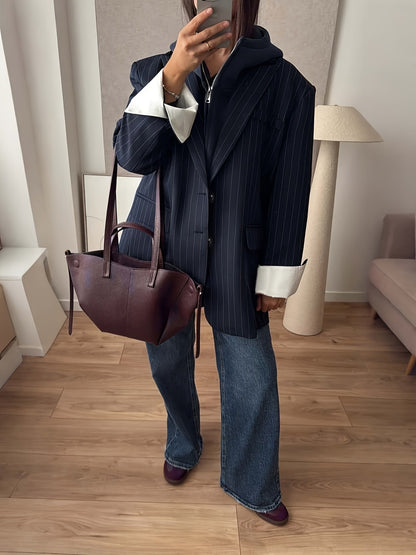 Women's Relaxed Pinstripe Blazer with Contrasting White Cuffs