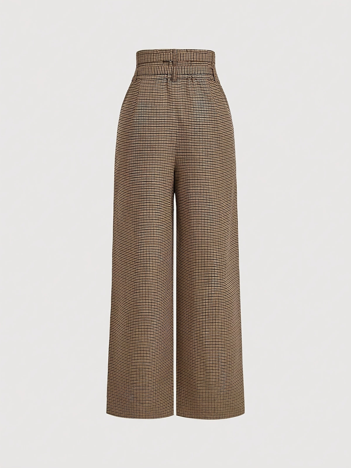 Pantalon Femme Large à Carreaux Marron  Taille Haute à Pinces & Ceinture