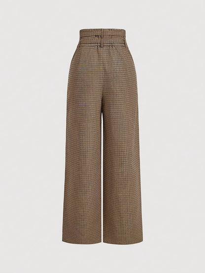 Pantalon Femme Large à Carreaux Marron  Taille Haute à Pinces & Ceinture