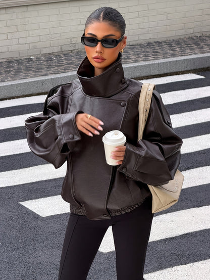 Veste Femme Oversize Marron Effet Cuir – Col Montant & Coupe Bomber