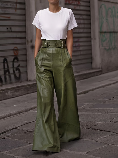 Pantalon Femme Taille Haute Cuir Jambes Larges & Ceinture