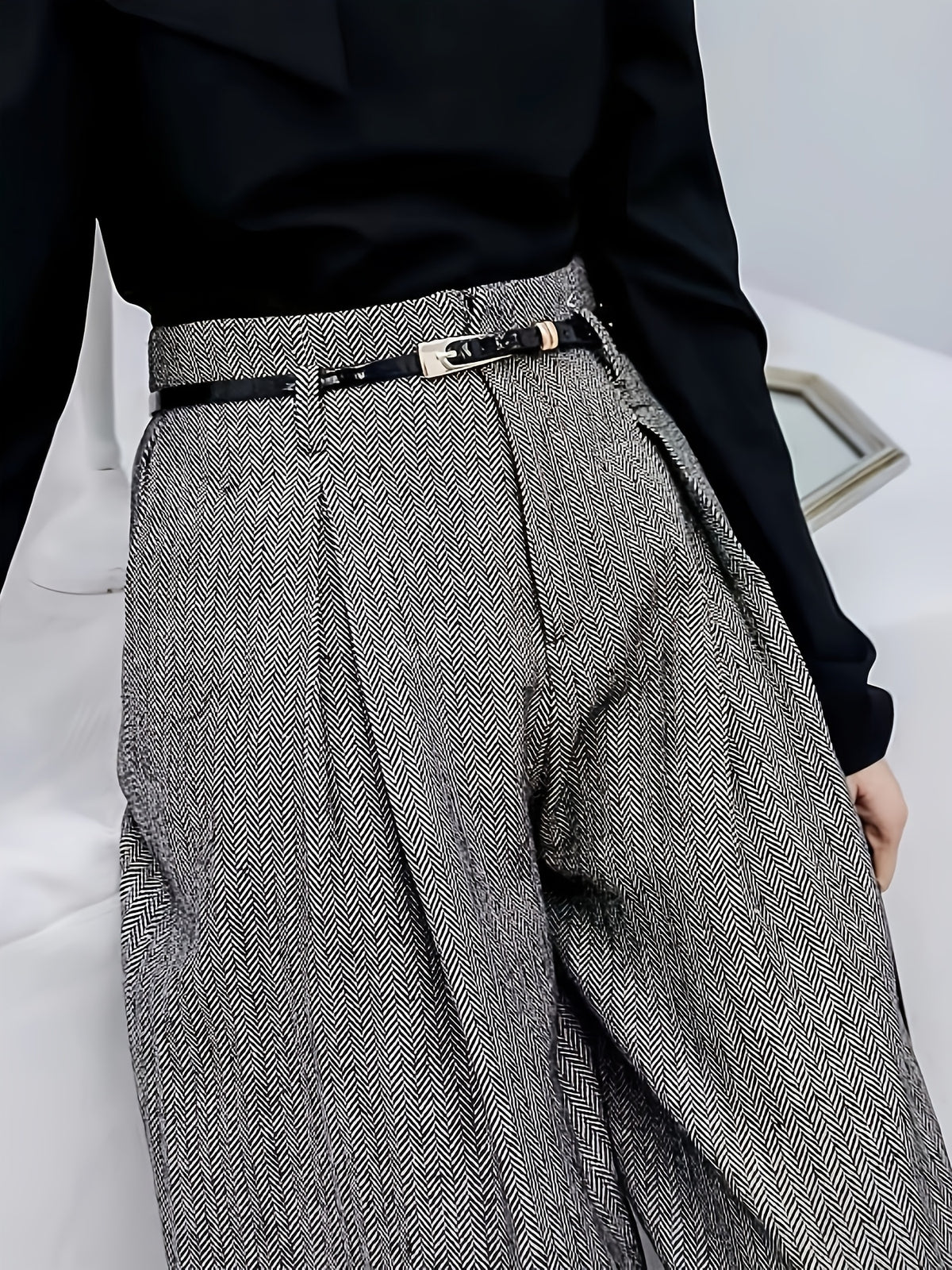 Pantalon Femme Large Gris Taille Haute  Coupe Tailleur à Plis