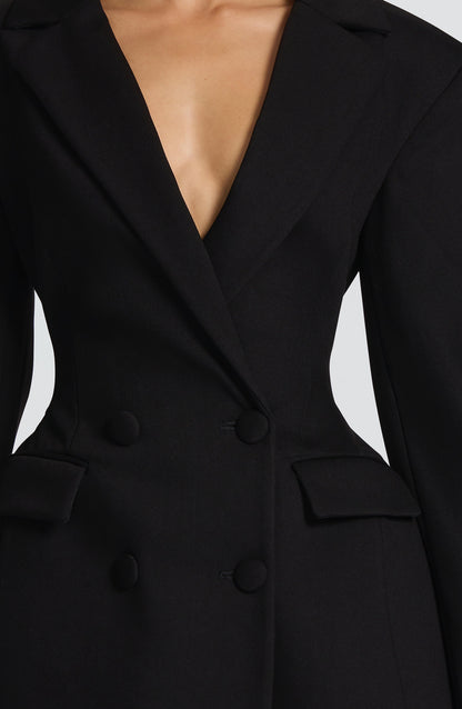 Koriora | Robe Blazer Mini Elvira — Coupe Structurée Chocolat & Col V Profond