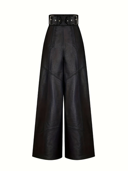 Pantalon Femme Taille Haute Cuir Jambes Larges & Ceinture