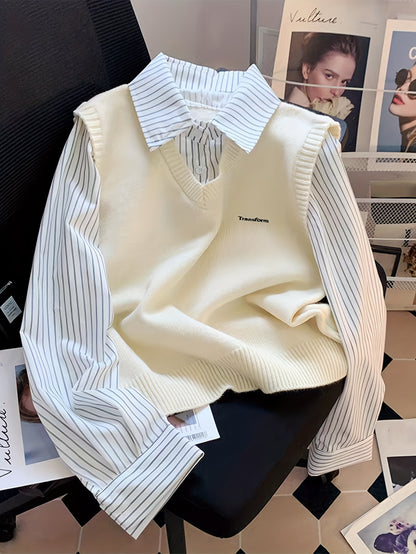 Ensemble 2 Pièces Femme – Chemise Rayée & Gilet en Maille à Col V
