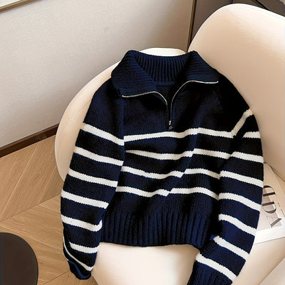 Pull Femme Rayé à Col Zippé en Maille Épaisse