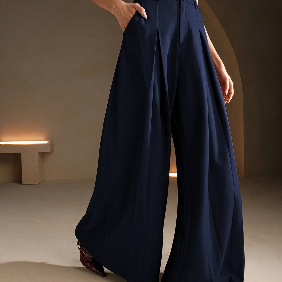 Pantalon Palazzo Femme Taille Haute  Coupe Très Large à Plis