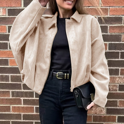 Women's Suede-Effect Zip Jacket with Shirt Collar