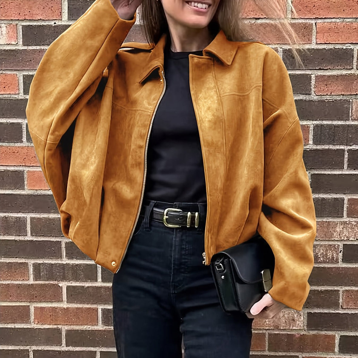 Women's Suede-Effect Zip Jacket with Shirt Collar
