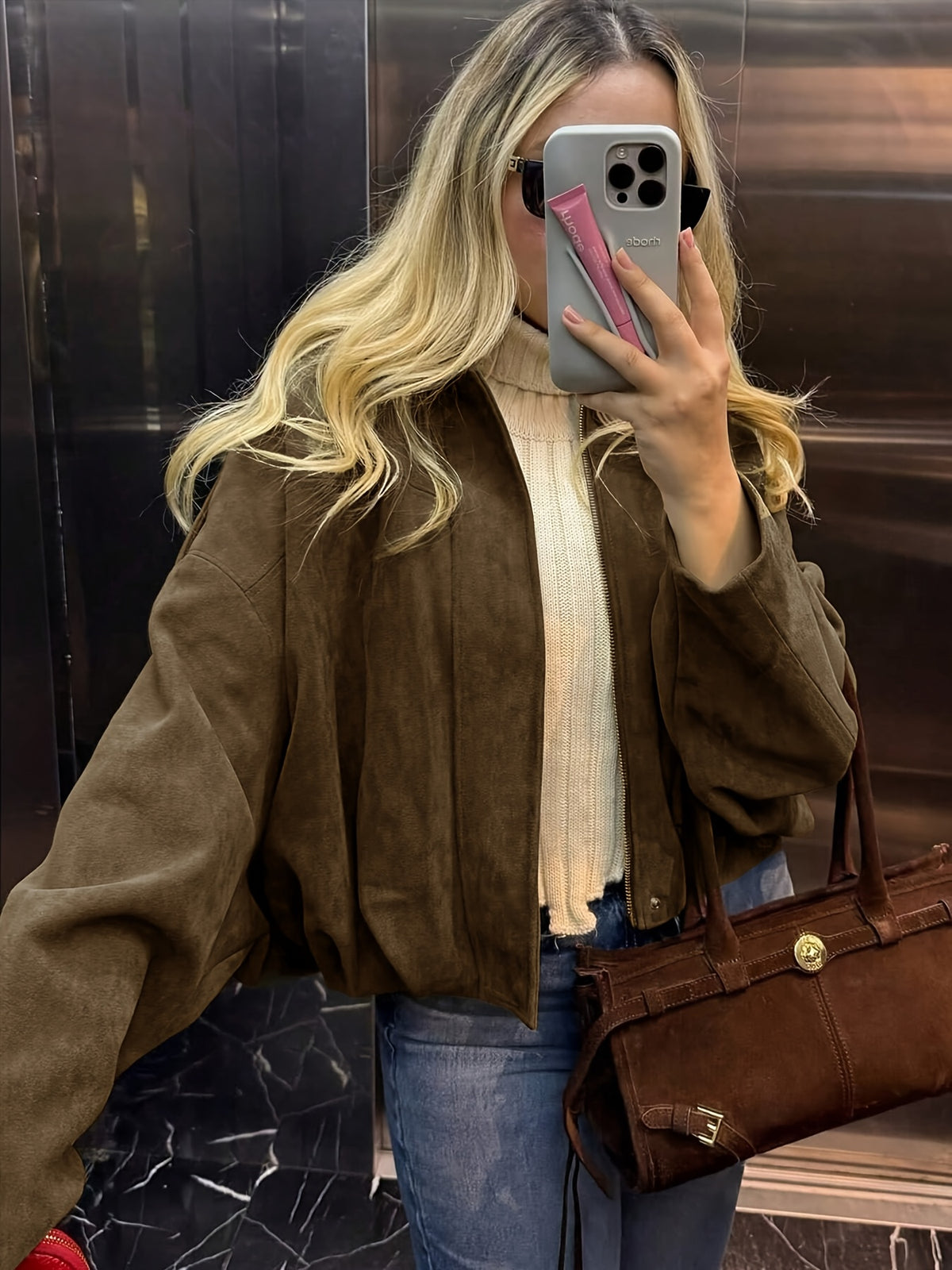 Women's Suede-Effect Zip Jacket with Shirt Collar