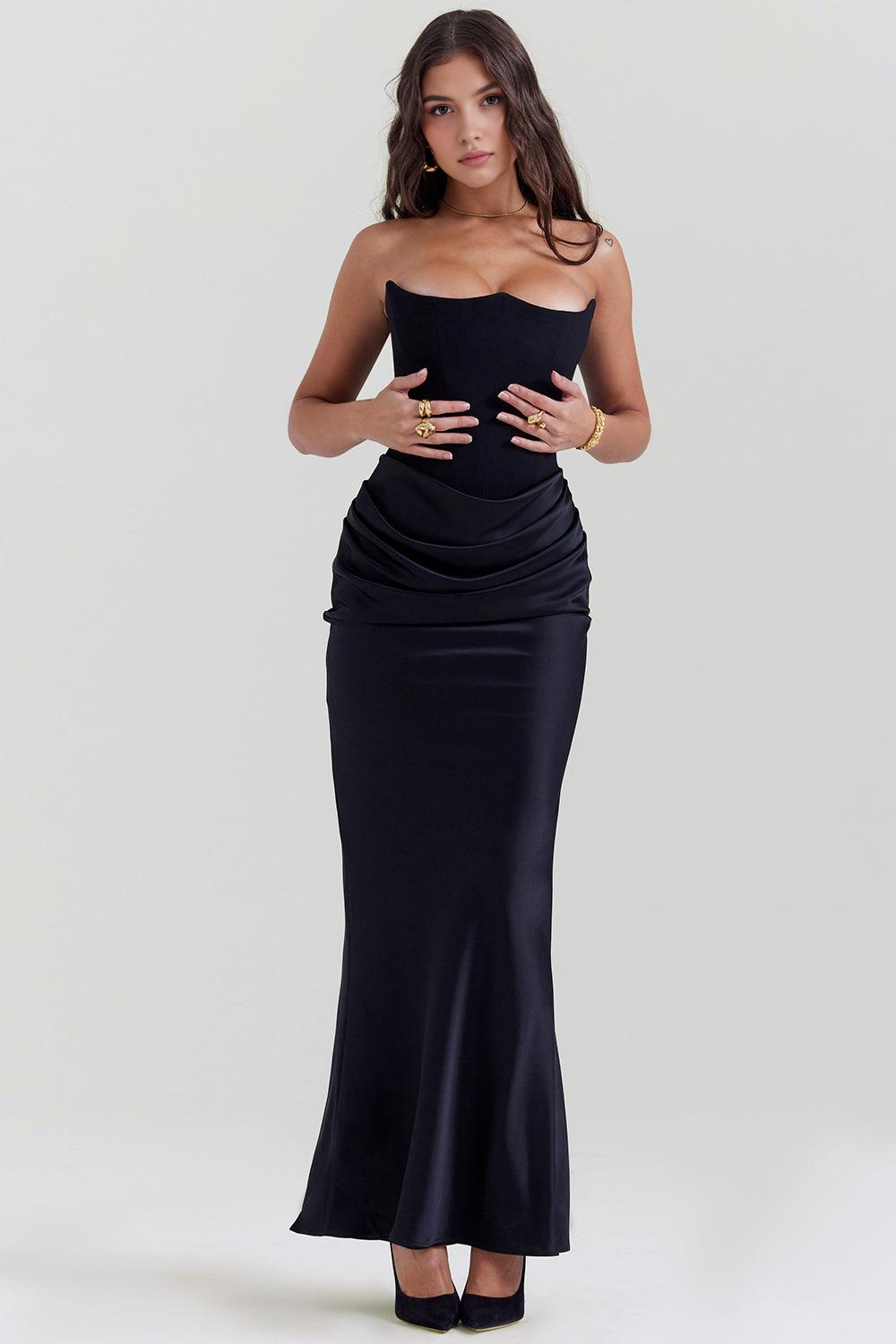 Koriora | Robe Maxi Satinée Serene — Bustier Élégant & Drapé Taille Vert Menthe