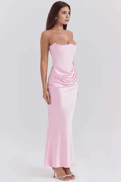 Koriora | Robe Maxi Satinée Serene — Bustier Élégant & Drapé Taille Vert Menthe