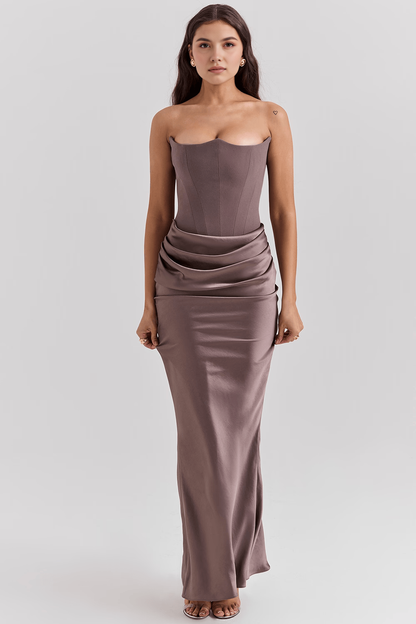 Koriora | Robe Maxi Satinée Serene — Bustier Élégant & Drapé Taille Vert Menthe