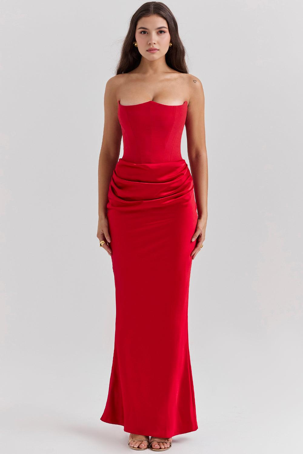 Koriora | Robe Maxi Satinée Serene — Bustier Élégant & Drapé Taille Vert Menthe