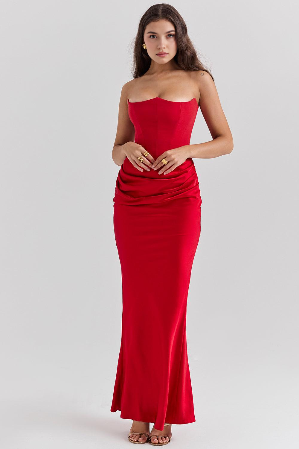 Koriora | Robe Maxi Satinée Serene — Bustier Élégant & Drapé Taille Vert Menthe