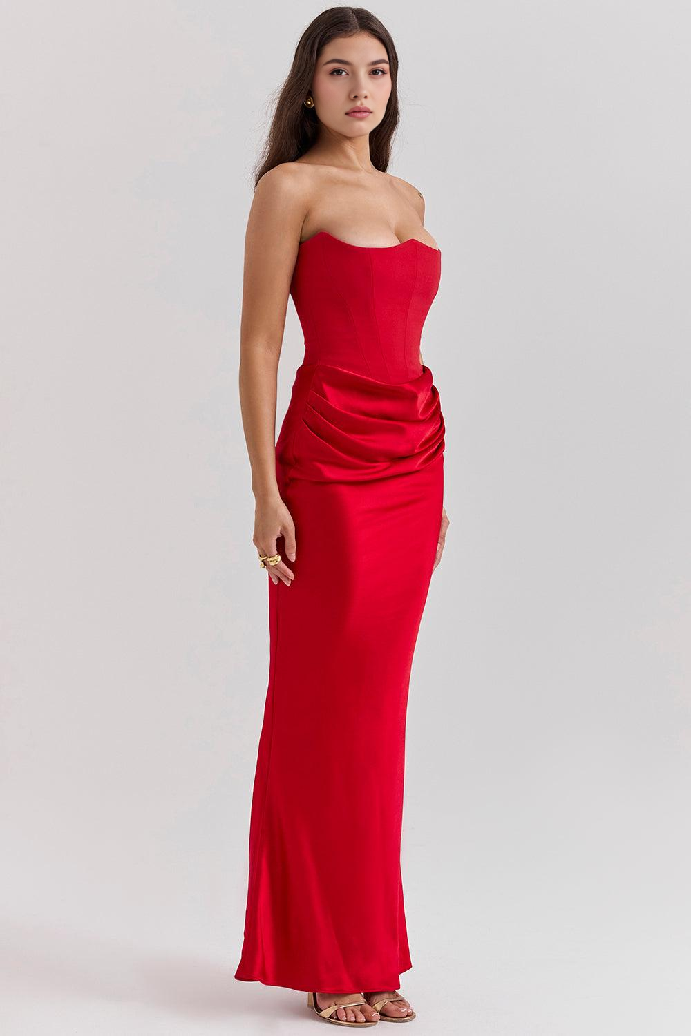 Koriora | Robe Maxi Satinée Serene — Bustier Élégant & Drapé Taille Vert Menthe
