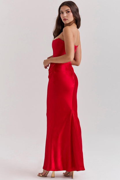 Koriora | Robe Maxi Satinée Serene — Bustier Élégant & Drapé Taille Vert Menthe