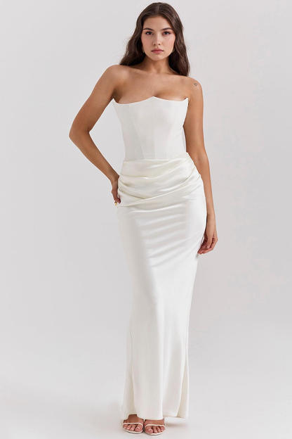Koriora | Robe Maxi Satinée Serene — Bustier Élégant & Drapé Taille Vert Menthe