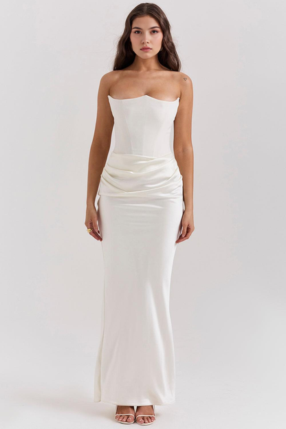 Koriora | Robe Maxi Satinée Serene — Bustier Élégant & Drapé Taille Vert Menthe