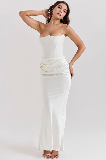 Koriora | Robe Maxi Satinée Serene — Bustier Élégant & Drapé Taille Vert Menthe