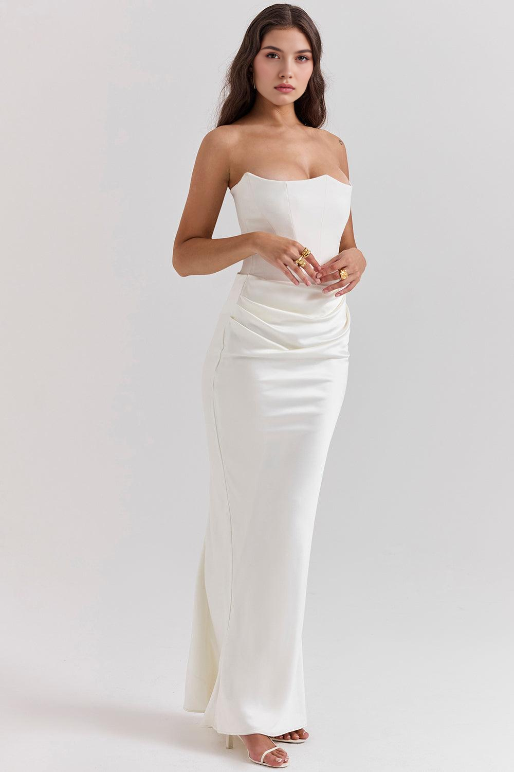 Koriora | Robe Maxi Satinée Serene — Bustier Élégant & Drapé Taille Vert Menthe