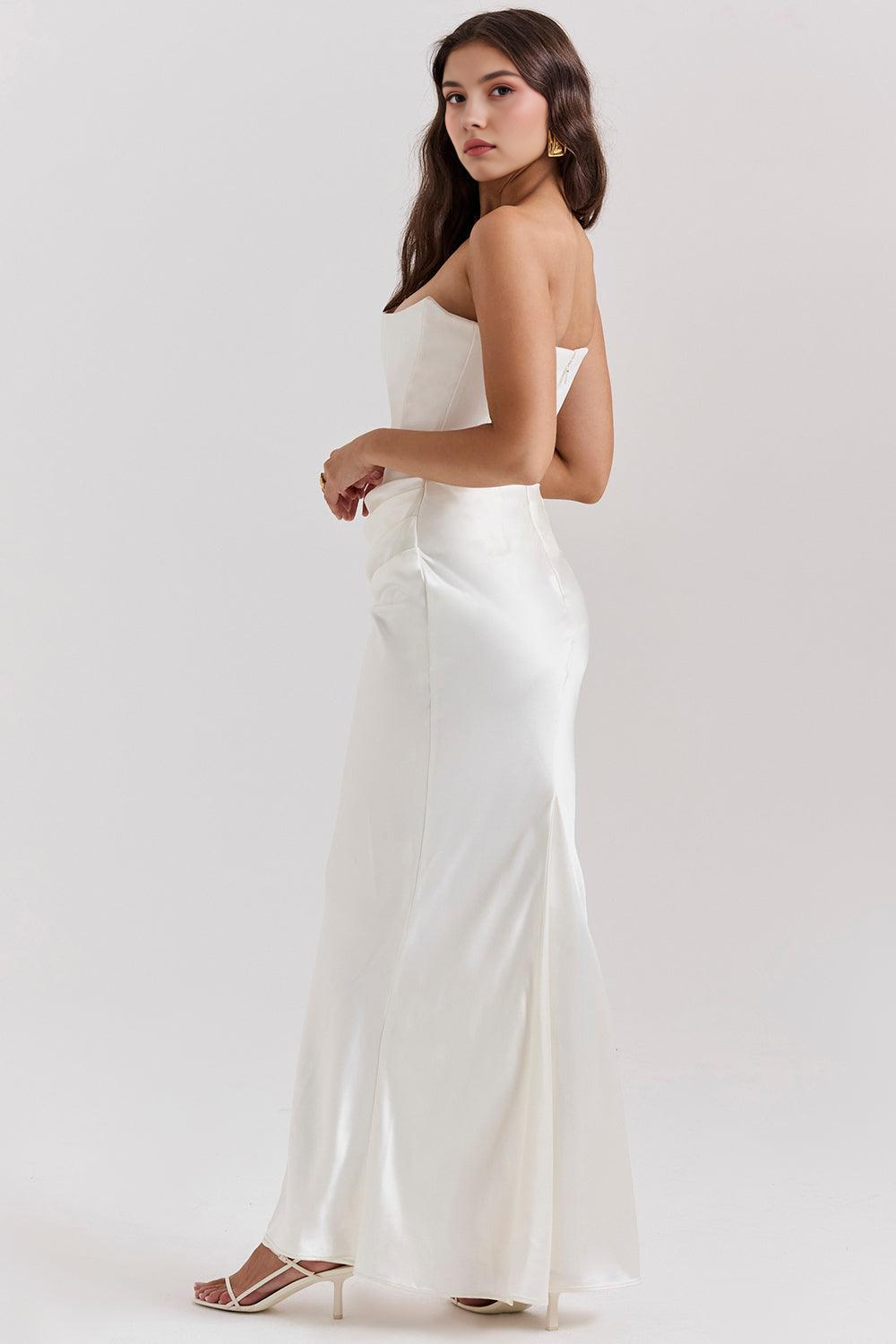 Koriora | Robe Maxi Satinée Serene — Bustier Élégant & Drapé Taille Vert Menthe