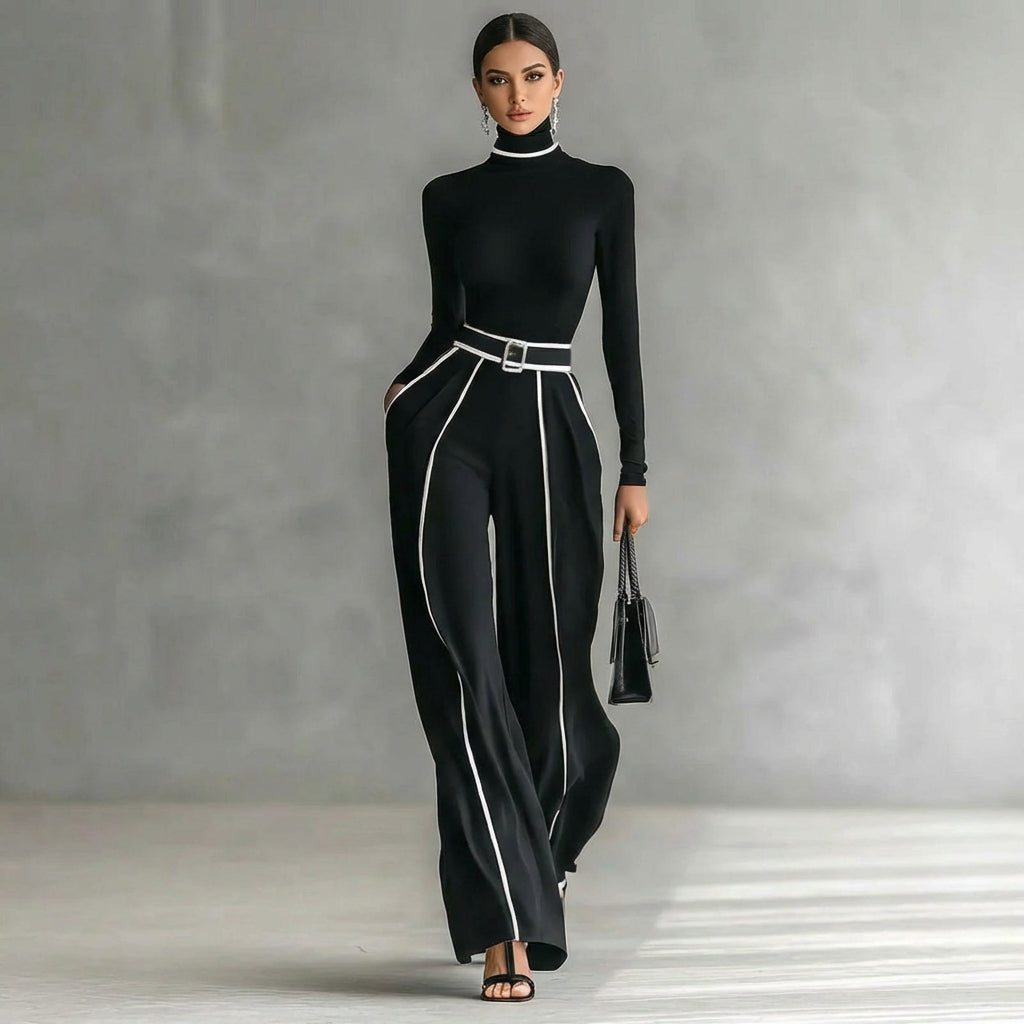 Koriora | Ensemble Milou – Ensemble Femme 2 Pièces Élégant | Col Roulé Ajusté & Pantalon Large Taille Haute