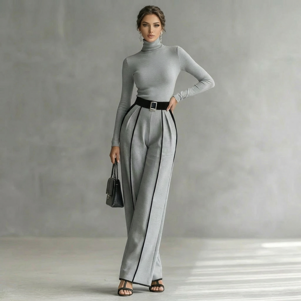Koriora | Ensemble Milou – Ensemble Femme 2 Pièces Élégant | Col Roulé Ajusté & Pantalon Large Taille Haute
