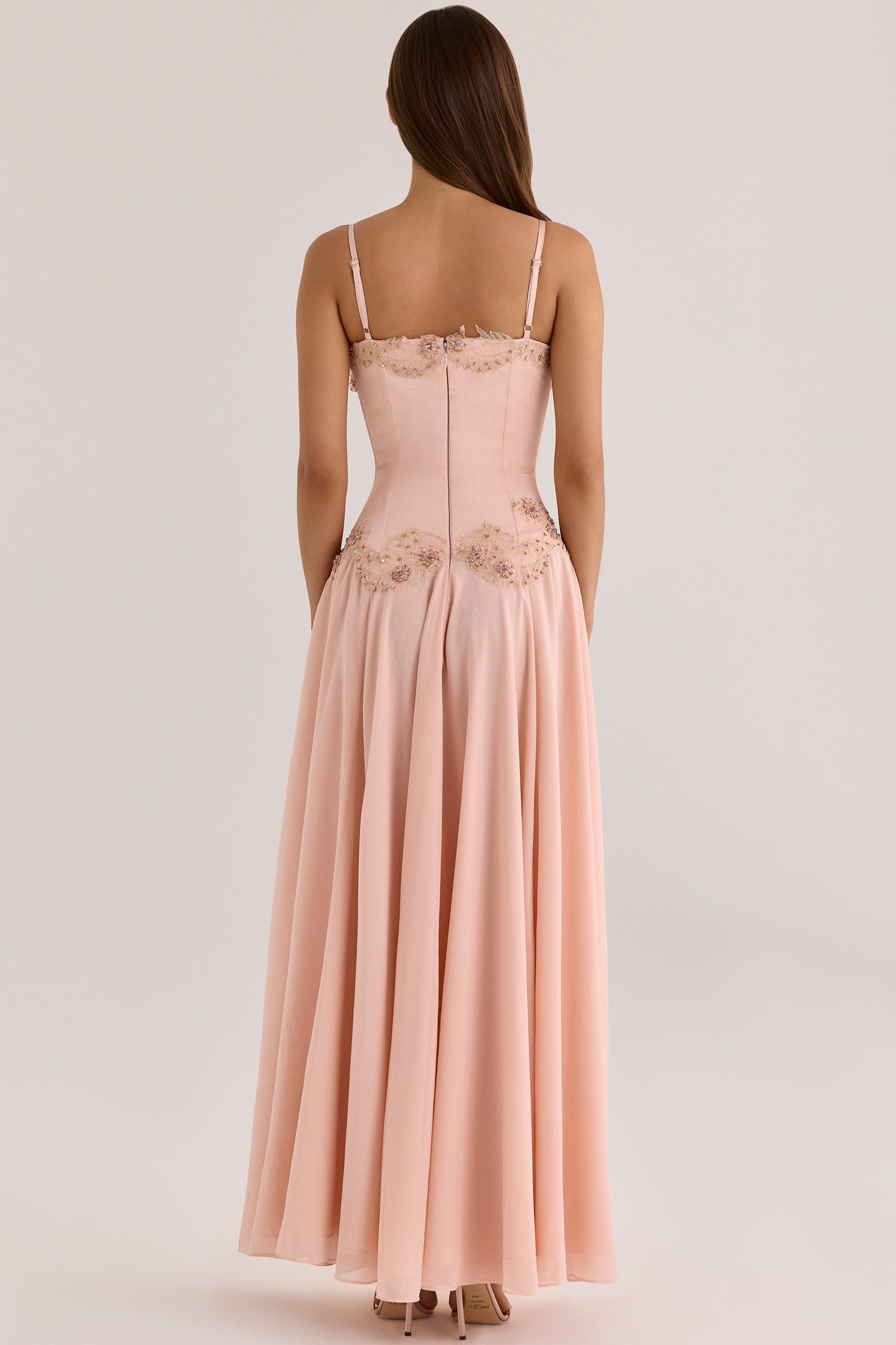 Koriora | Robe Blush Longue Satin Corset Fleurs Brodées