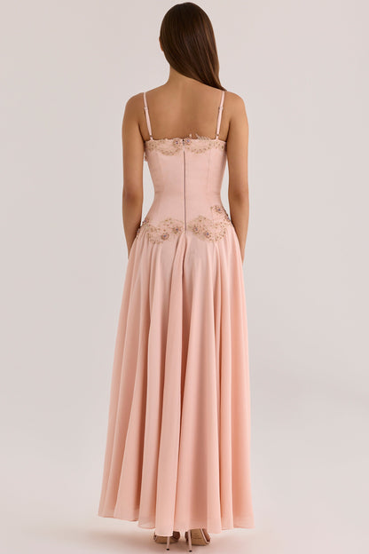 Koriora | Robe Blush Longue Satin Corset Fleurs Brodées