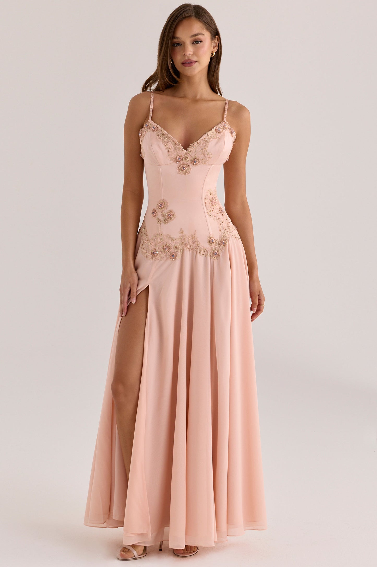 Koriora | Robe Blush Longue Satin Corset Fleurs Brodées