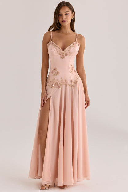 Koriora | Robe Blush Longue Satin Corset Fleurs Brodées