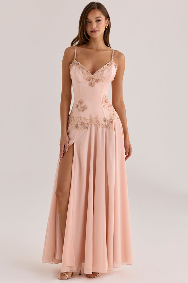 Koriora Robe Longue Rose Poudré avec Broderies Perlées