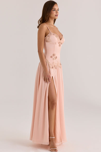 Koriora | Robe Blush Longue Satin Corset Fleurs Brodées