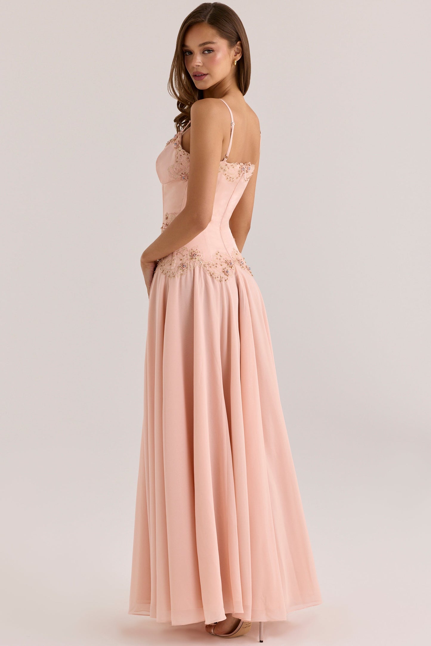 Koriora | Robe Blush Longue Satin Corset Fleurs Brodées