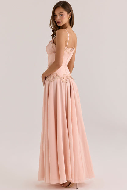 Koriora | Robe Blush Longue Satin Corset Fleurs Brodées