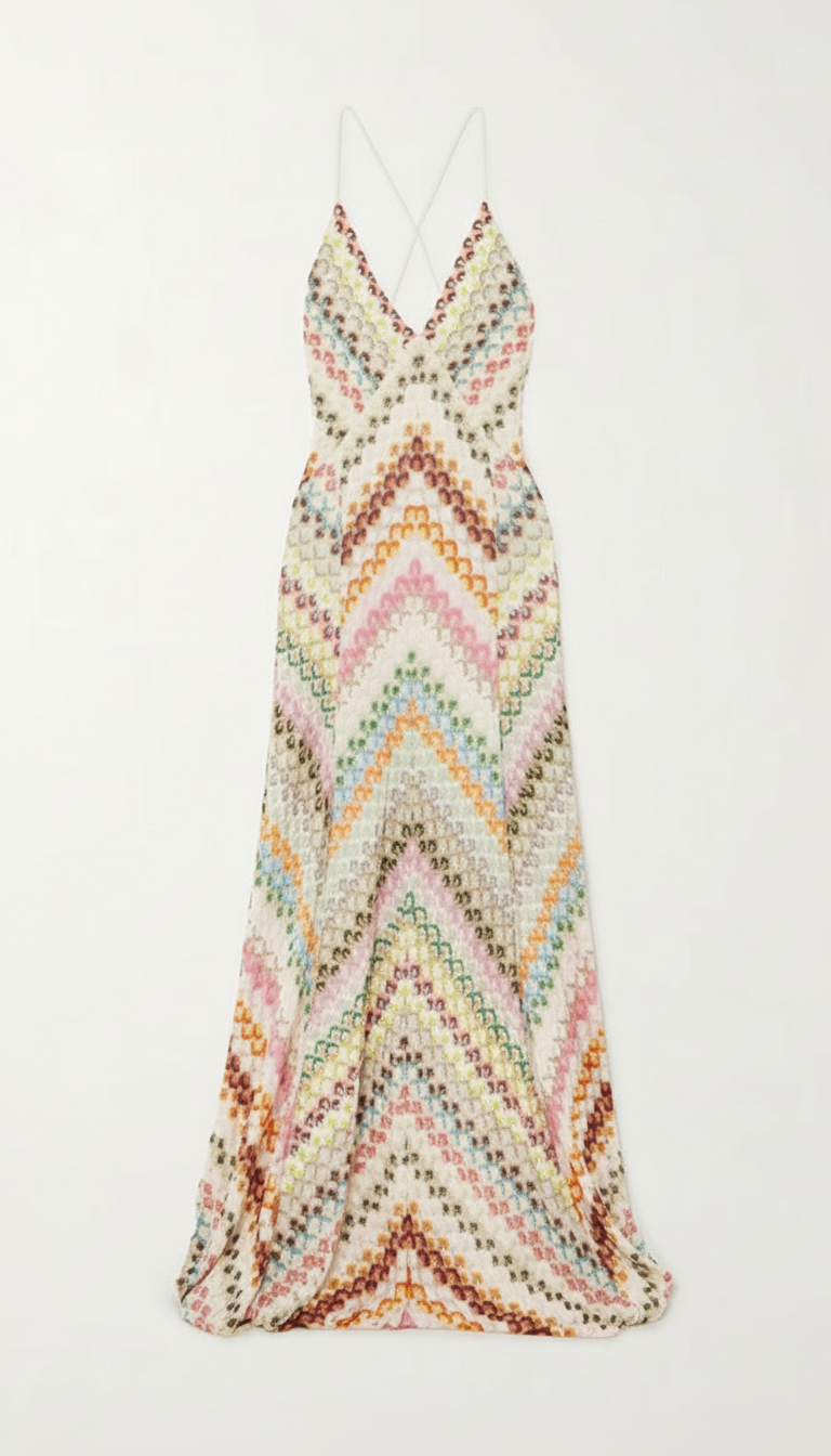 Koriora | Robe Longue Crochet Multicolore Riviera — Dos Nu & Bretelles Croisées
