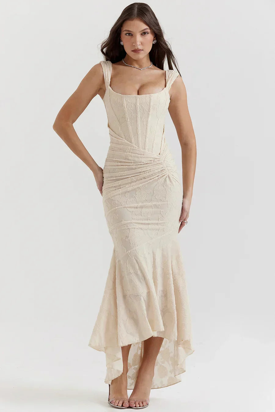 Koriora | Robe Longue Soirée Celestia — Jacquard Floral & Corset Bustier Sirène