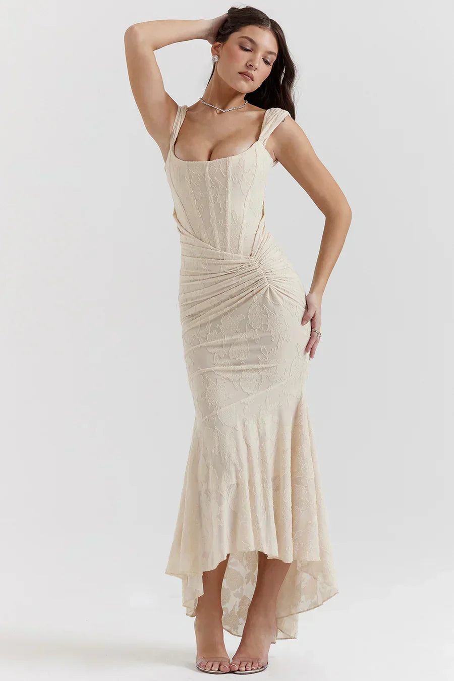 Koriora | Robe Longue Soirée Celestia — Jacquard Floral & Corset Bustier Sirène