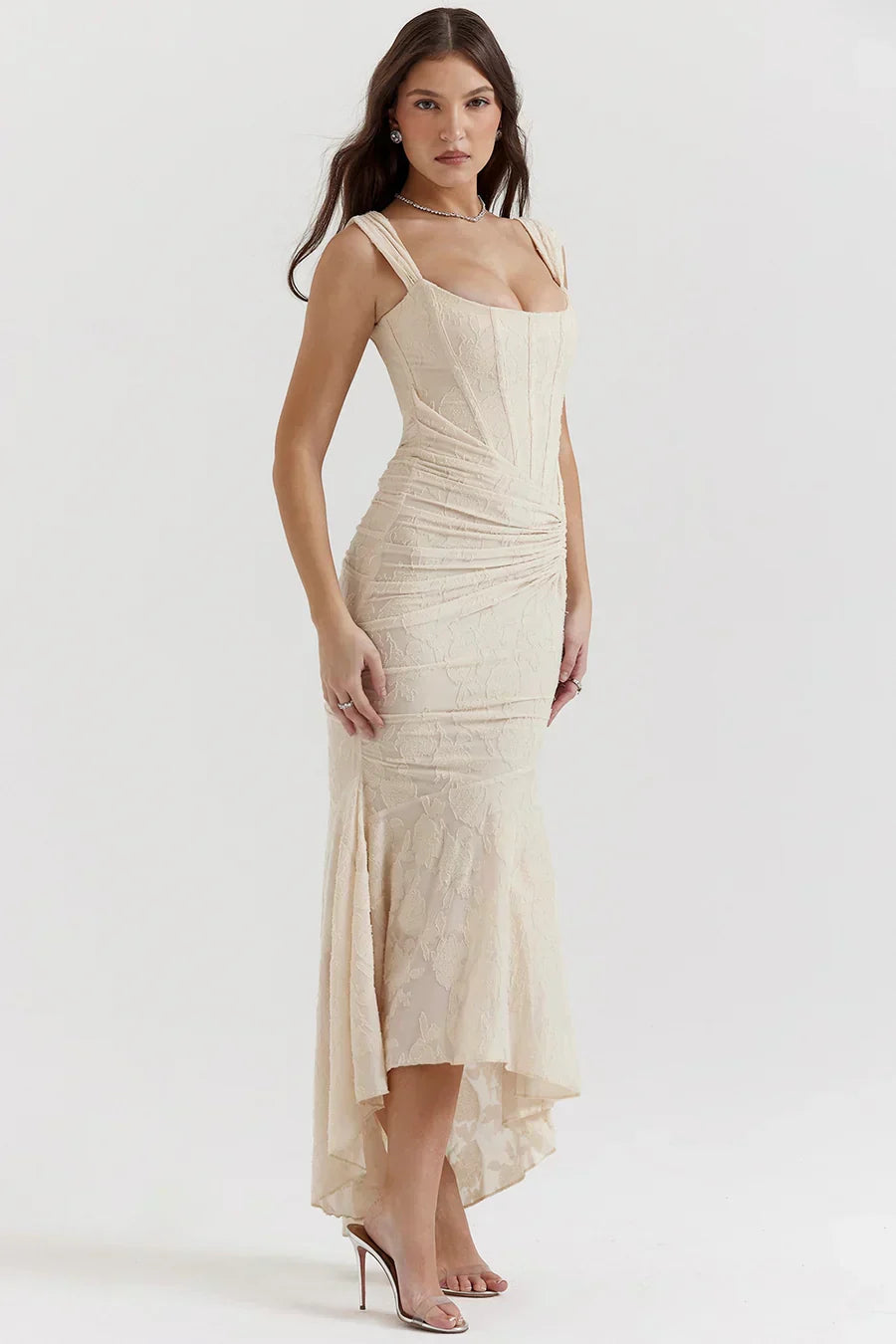 Koriora | Robe Longue Soirée Celestia — Jacquard Floral & Corset Bustier Sirène