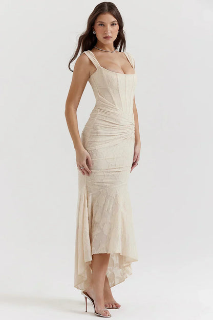 Koriora | Robe Longue Soirée Celestia — Jacquard Floral & Corset Bustier Sirène