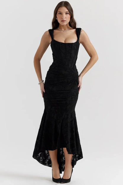 Koriora | Robe Longue Soirée Celestia — Jacquard Floral & Corset Bustier Sirène