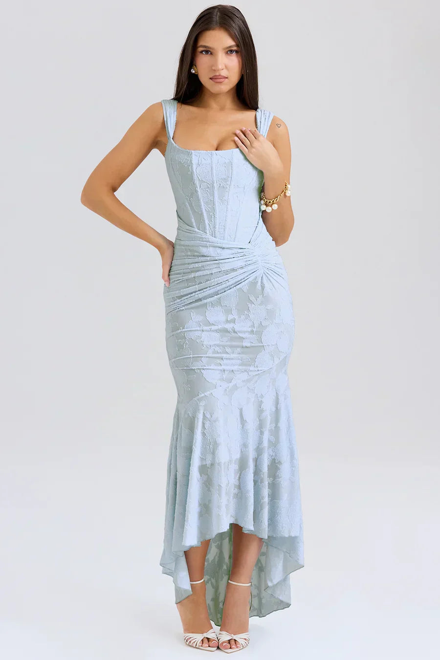 Koriora | Robe Longue Soirée Celestia — Jacquard Floral & Corset Bustier Sirène