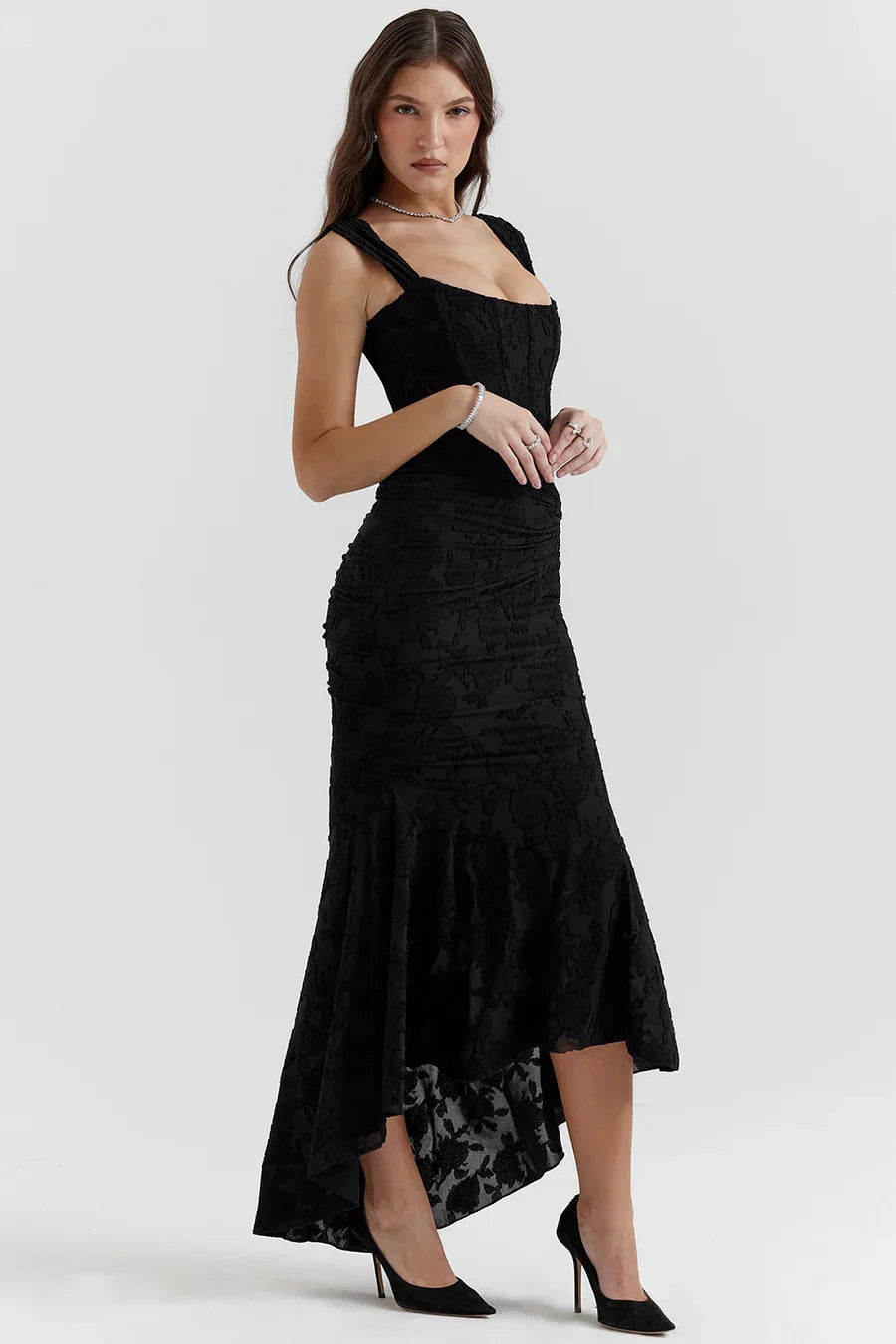 Koriora | Robe Longue Soirée Celestia — Jacquard Floral & Corset Bustier Sirène