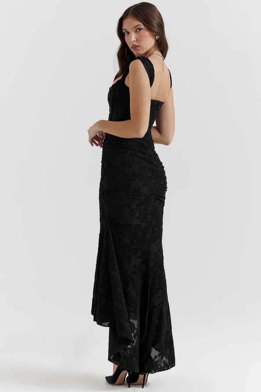 Koriora | Robe Longue Soirée Celestia — Jacquard Floral & Corset Bustier Sirène